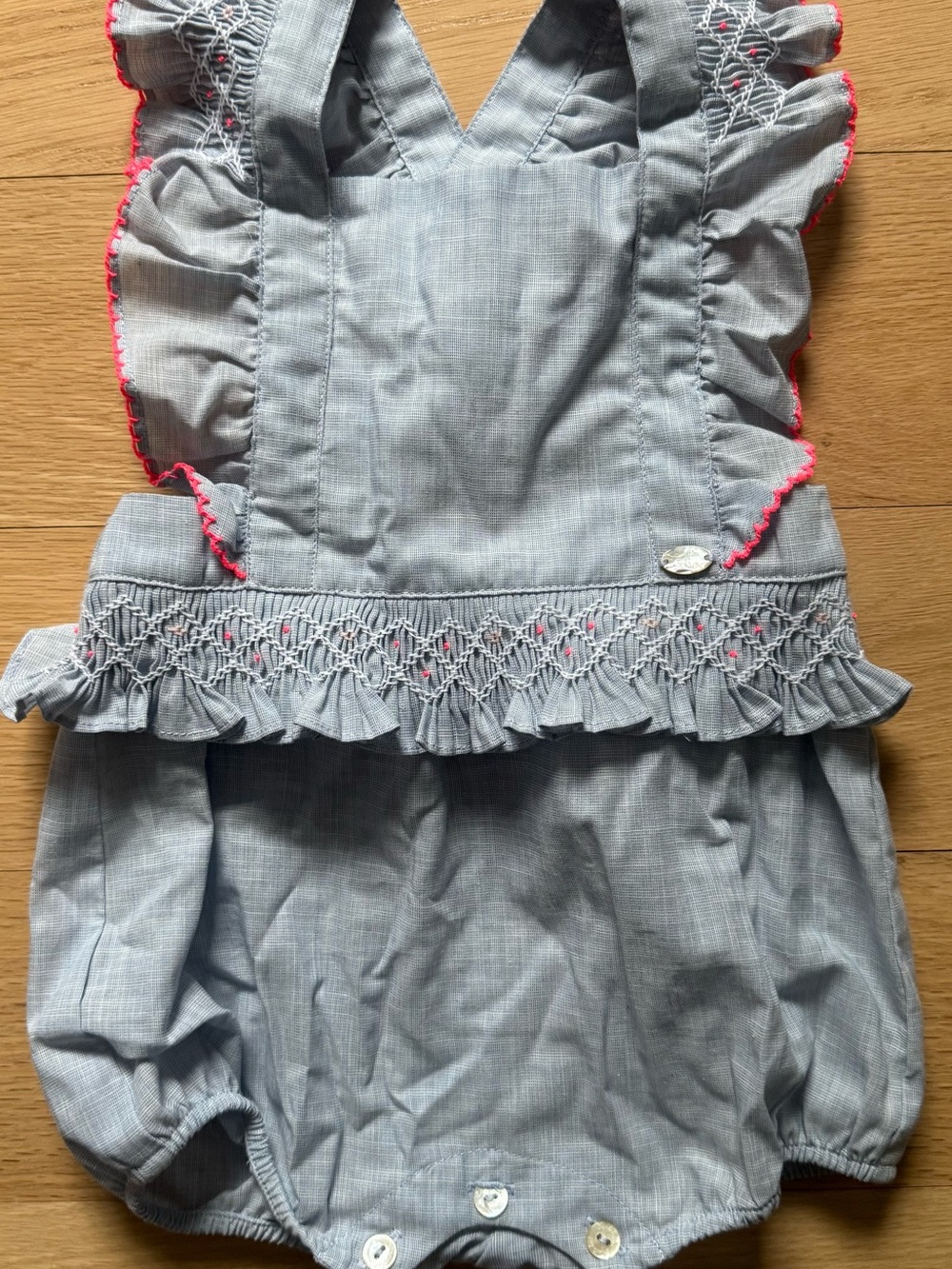 Tartine et Chocolat Light Blue Baby Romper with Pink Trim Accents